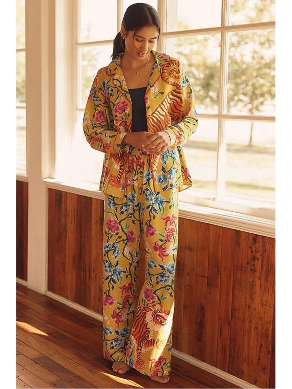 New Anthropologie Long Sleeve Pajama Set Tiger Floral Print